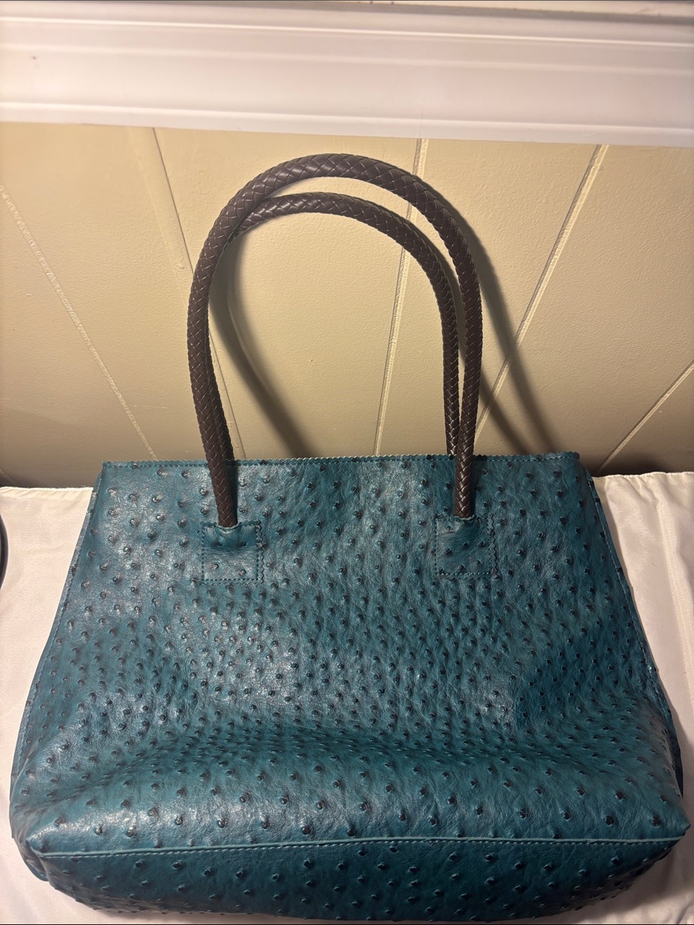 EUC Milan Chiva Teal Ostrich Vegan Leather Large Zip Tote Bag with Braided Strap